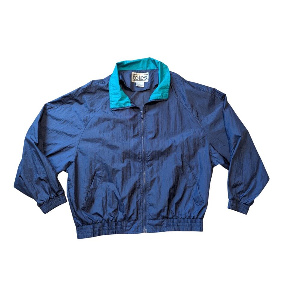 Vintage Totes Womens Navy Blue Teal Nylon Full Zip Windbreaker Jacket Size Large